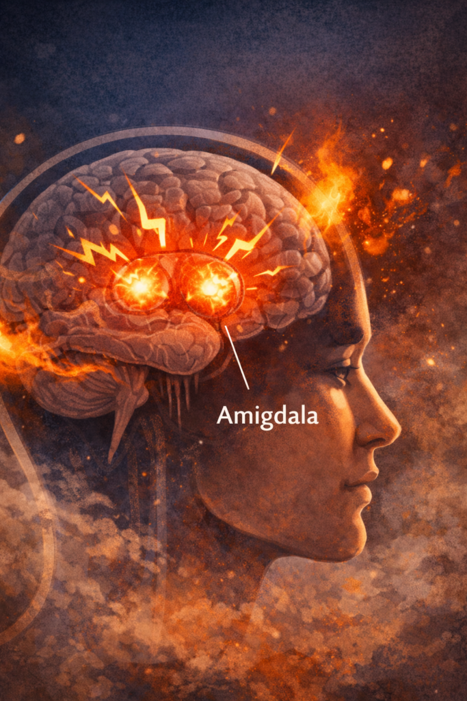 Ilustración de la amígdala del cerebro humano activada, relacionada con las respuestas emocionales intensas y la percepción de amenaza.